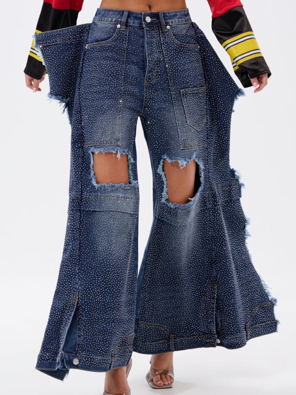 AKIRA Rhinestone Embellished Distressed Wide-Leg Jeans - Blue